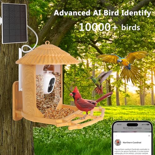 Samyoung Smart Bird Feeder with Camera AI Identify Bird Species, 4MP HD Auto Capture Bird Watching Cam, Live View, Instant Notifications with 32GB TF Card, Solar Powered Bird Camera, Wood Color