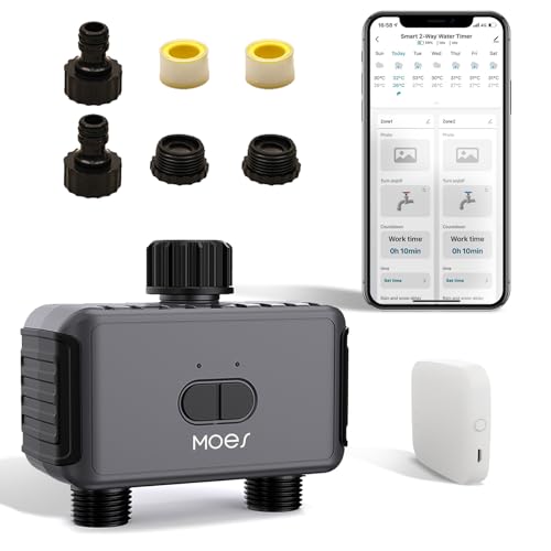 MOES WiFi Sprinkler Timer 2 Zone, Smart Water Timer for Garden Hose with WiFi Hub, 2 Outlets Water Timer for Garden Hose, Work with Alexa and Google Assistant, APP Control