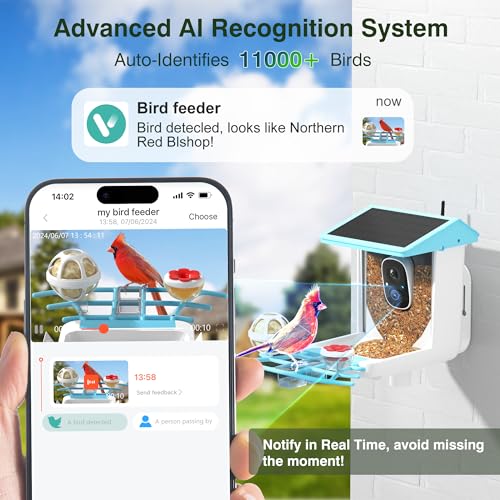 PETCAL Smart Bird Feeder, 1296P HD AI Identify Smart Bird Feeder with Camera, Auto Capture Bird Videos & Motion Detection Camera Solar Bird Feeder for Outside for Bird Lovers Gift