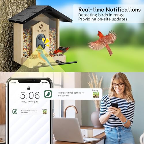 TT Nature Bird Feeder with Camera, Upgraded 1.5L Smart Bird Feeder with AI Identify for 10000 Plus Bird Species, Auto Capture Bird & Real-time Notifications, Ideal Gift for Bird Lovers (Iron Roof)