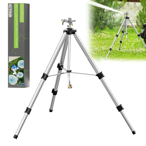 SPECILITE Impact Sprinkler on Tripod Base, 360° Rotating Brass Metal Pulsating Telescoping Sprinkler, 50" Heavy Duty Irrigation for Large Area, Yard, Lawn, Waters up to 90ft, Covering up to 6360sqft