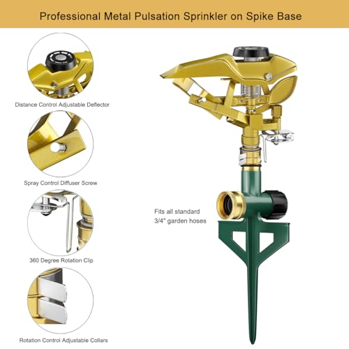 FANHAO Heavy Duty Pulsating Lawn Sprinkler on Spike Base, 100% Metal Impact Sprinkler with Adjustable Spray Pattern for Yard Lawn Irrigation, 360 Degree Large Area Coverage, Covers Up to 8500 sq. ft