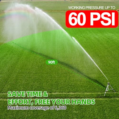 SPECILITE Impact Sprinkler on Tripod Base, 360° Rotating Brass Metal Pulsating Telescoping Sprinkler, 50" Heavy Duty Irrigation for Large Area, Yard, Lawn, Waters up to 90ft, Covering up to 6360sqft