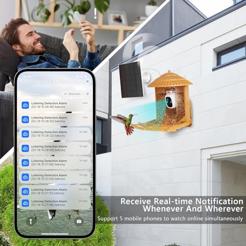 Samyoung Smart Bird Feeder with Camera AI Identify Bird Species, 4MP HD Auto Capture Bird Watching Cam, Live View, Instant Notifications with 32GB TF Card, Solar Powered Bird Camera, Wood Color
