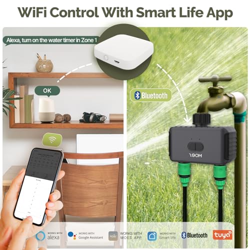 MOES WiFi Sprinkler Timer 2 Zone, Smart Water Timer for Garden Hose with WiFi Hub, 2 Outlets Water Timer for Garden Hose, Work with Alexa and Google Assistant, APP Control