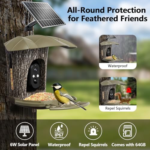 Smart Bird Feeder with Camera -【AI Identify 】Camera Bird Feeder,【4K Ultra-HD】Live Wireless Bird House Camera with Solar & 64GB SD Card, IP67, DIY, Auto Capture & Motion Detection, Instant Notification