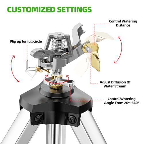 SPECILITE Impact Sprinkler on Tripod Base, 360° Rotating Brass Metal Pulsating Telescoping Sprinkler, 50" Heavy Duty Irrigation for Large Area, Yard, Lawn, Waters up to 90ft, Covering up to 6360sqft