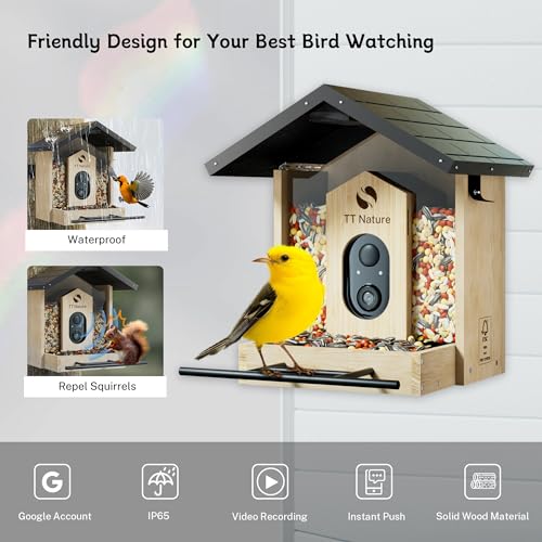 TT Nature Bird Feeder with Camera, Upgraded 1.5L Smart Bird Feeder with AI Identify for 10000 Plus Bird Species, Auto Capture Bird & Real-time Notifications, Ideal Gift for Bird Lovers (Iron Roof)