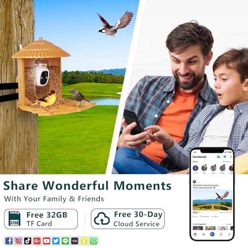 Samyoung Smart Bird Feeder with Camera AI Identify Bird Species, 4MP HD Auto Capture Bird Watching Cam, Live View, Instant Notifications with 32GB TF Card, Solar Powered Bird Camera, Wood Color