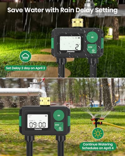 Sprinkler Timer 2 Zone, Digital Water Timer for Garden Hose Faucet, Programmable Watering Irrigation Timer with 2 Outlet/Rain Delay/Automatic Watering Mode, Smart Watering System for Lawns and Yard