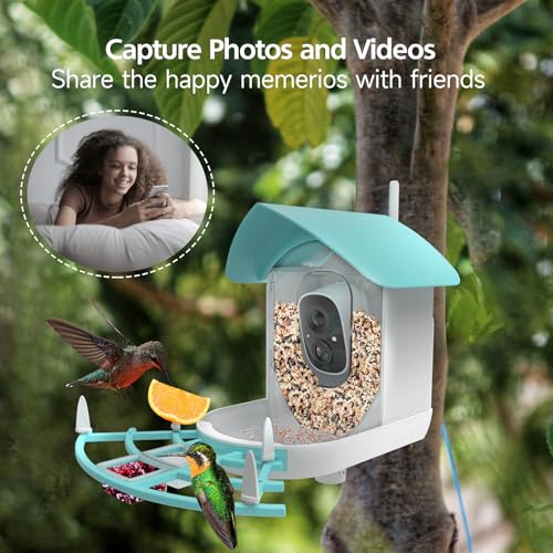 Gyozol Smart Bird Feeder with Camera, AI Identify Bird Breed, Solar-Powered WiFi 1080P Live Camera, Auto Capture Backyard Garden Bird Watching, Motion Detection, Cloud and SD Card Storage, Blue