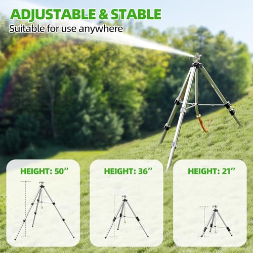 SPECILITE Impact Sprinkler on Tripod Base, 360° Rotating Brass Metal Pulsating Telescoping Sprinkler, 50" Heavy Duty Irrigation for Large Area, Yard, Lawn, Waters up to 90ft, Covering up to 6360sqft