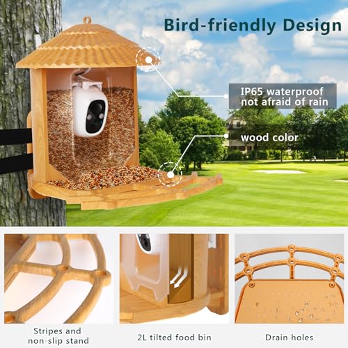 Samyoung Smart Bird Feeder with Camera AI Identify Bird Species, 4MP HD Auto Capture Bird Watching Cam, Live View, Instant Notifications with 32GB TF Card, Solar Powered Bird Camera, Wood Color