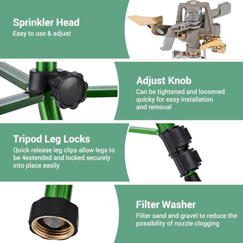 Tripod Sprinklers for Yard, Yumatum Lawn Sprinkler with 360 Degree Large Area Irrigation, Heavy Duty Adjustable Height from 16”-37”, 3/4 Inch Connector Sprinkler for Lawn/Yard/Garden, 1 PACK