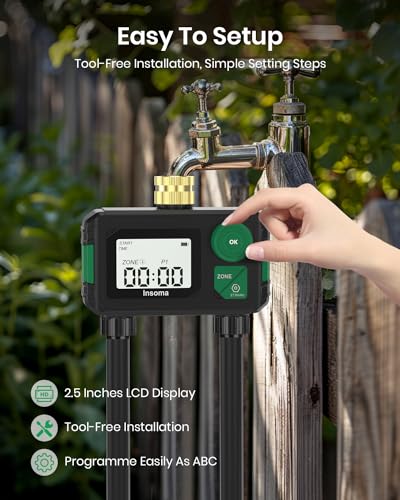 Sprinkler Timer 2 Zone, Digital Water Timer for Garden Hose Faucet, Programmable Watering Irrigation Timer with 2 Outlet/Rain Delay/Automatic Watering Mode, Smart Watering System for Lawns and Yard