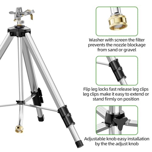 SPECILITE Impact Sprinkler on Tripod Base, 360° Rotating Brass Metal Pulsating Telescoping Sprinkler, 50" Heavy Duty Irrigation for Large Area, Yard, Lawn, Waters up to 90ft, Covering up to 6360sqft