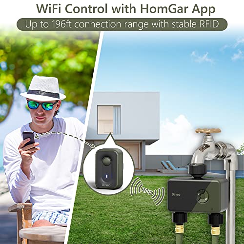 WiFi Sprinkler Timer 2 Zone, Diivoo Programmable Water Hose Timer 2 Outlet for Garden, Automatic Irrigation Timer IP54 with Rain Delay/Manual/Auto Mode, Outdoor Hose Timer Controller for Lawn, Yard