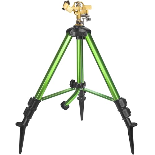 Triumpeek Impact Sprinkler on Tripod Base with Stakes, 360 Degree Large Area Coverage Irrigator with Extension Legs, Adjustable Brass Sprinkler Head Nozzle and 3/4" NH Inlet Hose Connection (1)