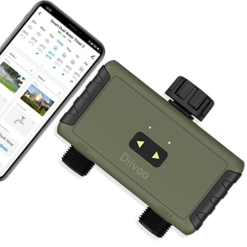 Bluetooth Sprinkler Timer 2 Zone, Diivoo Smart Water Timer for Garden Hose Up to 40 Separate Programmable Schedules, Rain Delay, Manual Watering, Working Range is 49.2ft, for Yard Lawn, Pool Filling