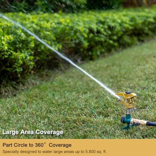FANHAO Heavy Duty Pulsating Lawn Sprinkler on Spike Base, 100% Metal Impact Sprinkler with Adjustable Spray Pattern for Yard Lawn Irrigation, 360 Degree Large Area Coverage, Covers Up to 8500 sq. ft