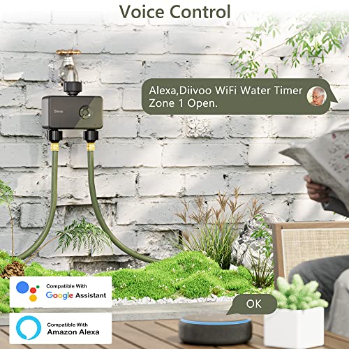 WiFi Sprinkler Timer 2 Zone, Diivoo Programmable Water Hose Timer 2 Outlet for Garden, Automatic Irrigation Timer IP54 with Rain Delay/Manual/Auto Mode, Outdoor Hose Timer Controller for Lawn, Yard