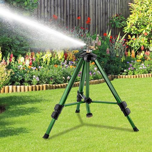 Tripod Sprinklers for Yard, Yumatum Lawn Sprinkler with 360 Degree Large Area Irrigation, Heavy Duty Adjustable Height from 16”-37”, 3/4 Inch Connector Sprinkler for Lawn/Yard/Garden, 1 PACK