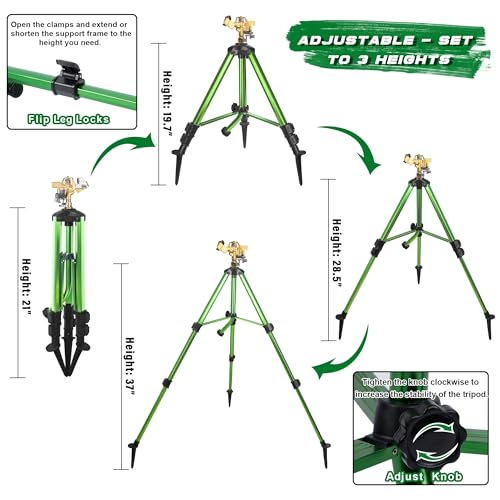 Triumpeek Impact Sprinkler on Tripod Base with Stakes, 360 Degree Large Area Coverage Irrigator with Extension Legs, Adjustable Brass Sprinkler Head Nozzle and 3/4" NH Inlet Hose Connection (1)