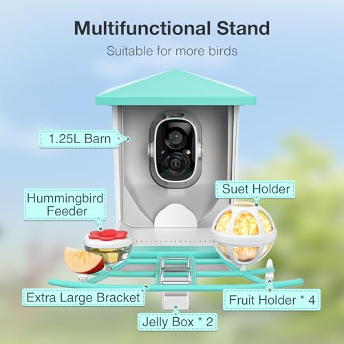 Farmice Bird Feeder with Camera, Smart Bird Feeder Camera with AI Recognition, Capture Birds Video and Notify, Solar Powered Bird Camera Feeder for outside