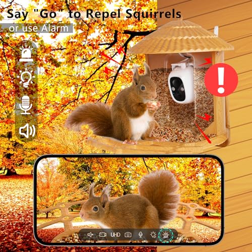 Samyoung Smart Bird Feeder with Camera AI Identify Bird Species, 4MP HD Auto Capture Bird Watching Cam, Live View, Instant Notifications with 32GB TF Card, Solar Powered Bird Camera, Wood Color