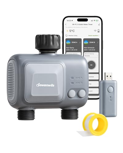 DEWENWILS WiFi Sprinkler Timer 2 Zone, Water Timer for Garden Hose 2 Outlets Smart Hose Timer, Automatic Irrigation System, APP Control, Rain Delay & Manual Watering, for Yard Lawn Plant