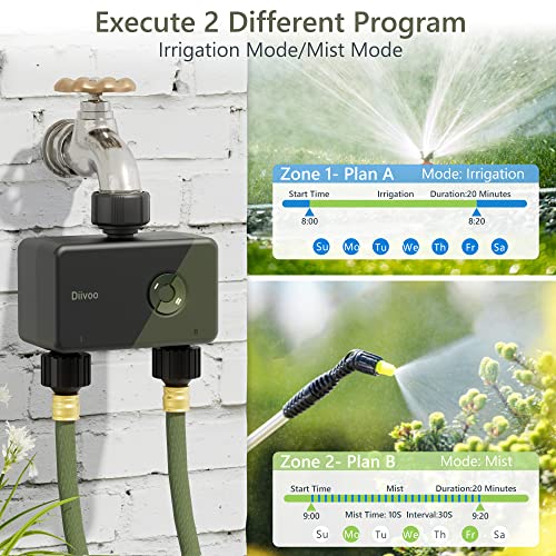 WiFi Sprinkler Timer 2 Zone, Diivoo Programmable Water Hose Timer 2 Outlet for Garden, Automatic Irrigation Timer IP54 with Rain Delay/Manual/Auto Mode, Outdoor Hose Timer Controller for Lawn, Yard