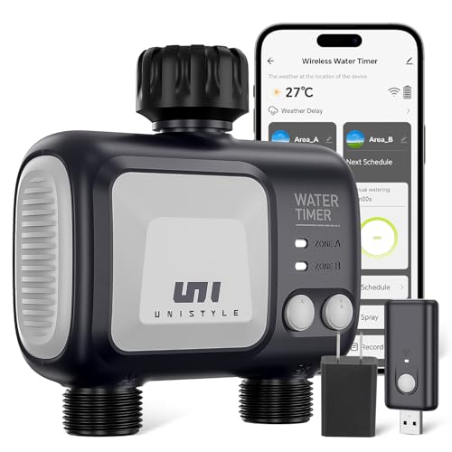 Unistyle WiFi Sprinkler Timer 2 Zone, Programmable Smart Water Timer 2 Outlet, WiFi Irrigation Controller with Rain Delay/Auto Mode/Manual, Outdoor Hose Timer for Lawns, Yards and Garden