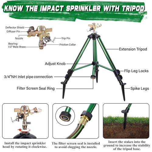 Triumpeek Impact Sprinkler on Tripod Base with Stakes, 360 Degree Large Area Coverage Irrigator with Extension Legs, Adjustable Brass Sprinkler Head Nozzle and 3/4" NH Inlet Hose Connection (1)