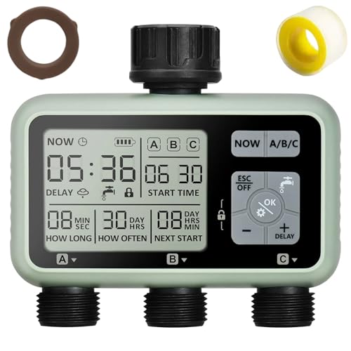 3 Outlet Sprinkler Timer Brass, XinFuture Water Timer, Programmable Garden Hose Timer with Rain Delay, Manual& Automatic Watering System, Waterproof Digital Irrigation Timer for 3 Separate Water Zones