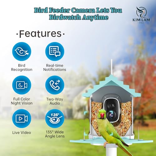 KimLamPro Smart Bird Feeder with Camera -AI 1080p HD Identify Wild Bird Recognition 10,000+ Birds Species - Night Vision Bird Feeder Camera with Solar Power and Live Video – Instan Alert Notification