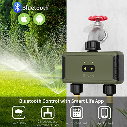 Bluetooth Sprinkler Timer 2 Zone, Diivoo Smart Water Timer for Garden Hose Up to 40 Separate Programmable Schedules, Rain Delay, Manual Watering, Working Range is 49.2ft, for Yard Lawn, Pool Filling
