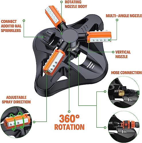 WOVUU Lawn Sprinkler,Upgrade Garden Sprinkler Automatic 360 Degree Rotating Irrigation Grass Water Sprinkler System, Garden Hose Sprinkler for Yard/Built in 36 Units Angle Spray Nozzles-1Pack(Orange)