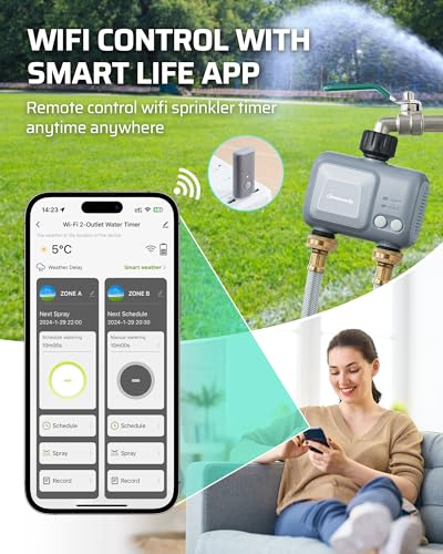 DEWENWILS WiFi Sprinkler Timer 2 Zone, Water Timer for Garden Hose 2 Outlets Smart Hose Timer, Automatic Irrigation System, APP Control, Rain Delay & Manual Watering, for Yard Lawn Plant