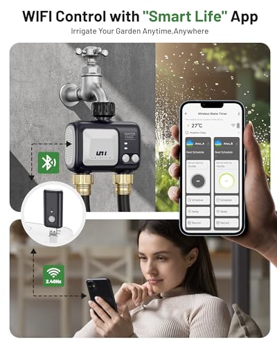 Unistyle WiFi Sprinkler Timer 2 Zone, Programmable Smart Water Timer 2 Outlet, WiFi Irrigation Controller with Rain Delay/Auto Mode/Manual, Outdoor Hose Timer for Lawns, Yards and Garden