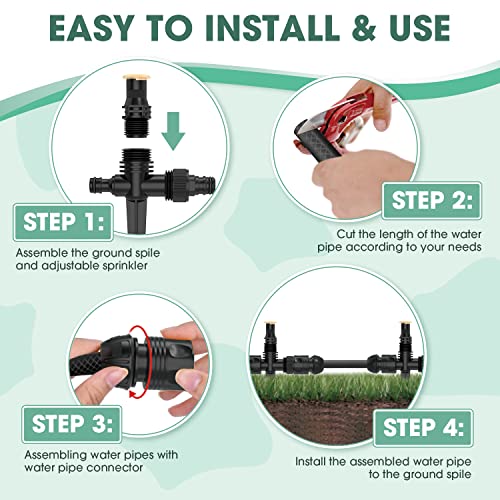 LADER Garden above Ground Sprinkler System Kit for Lawn, 360° Adjustable Irrigation System Garden Lawn Sprinkler, Black Sprinkler with 52.5FT Hose and 8 Pipe Connectors,DIY Plant Watering Set (4 Pcs)