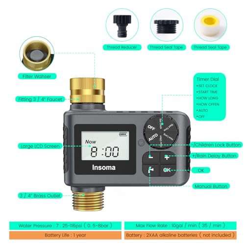 Sprinkler Timer with Brass Inlet and Outlet, Programmable Water Timer for Outdoor Garden Hose, Hose Timers with Rain Delay/Manual/Auto Mode, Drip Irrigation and Lawn Watering System, 1 Outlet