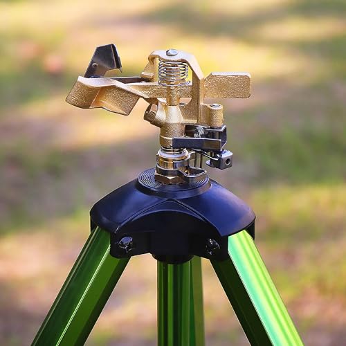 Triumpeek Impact Sprinkler on Tripod Base with Stakes, 360 Degree Large Area Coverage Irrigator with Extension Legs, Adjustable Brass Sprinkler Head Nozzle and 3/4" NH Inlet Hose Connection (1)