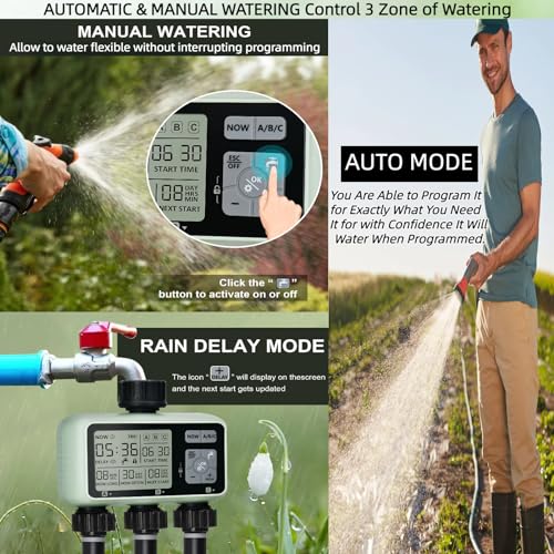 3 Outlet Sprinkler Timer Brass, XinFuture Water Timer, Programmable Garden Hose Timer with Rain Delay, Manual& Automatic Watering System, Waterproof Digital Irrigation Timer for 3 Separate Water Zones