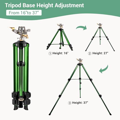 Tripod Sprinklers for Yard, Yumatum Lawn Sprinkler with 360 Degree Large Area Irrigation, Heavy Duty Adjustable Height from 16”-37”, 3/4 Inch Connector Sprinkler for Lawn/Yard/Garden, 1 PACK