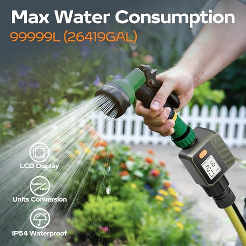 Diivoo WiFi Water Flow Meter, Smart Water Meter for Garden Hose with Usage Warning, ±5 High Accuracy and IP55 Waterproof, Measure Gallon/Liter Consumption for RV Water Tank Filling, Lawn Sprinkler 2PK