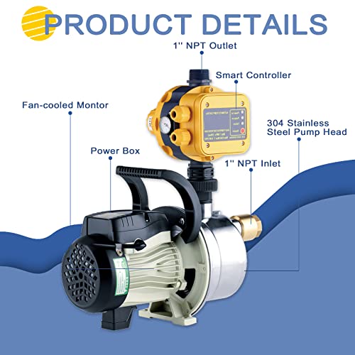 TDRSUPER 3/4 HP Shallow Well Pump with Smart Controller, 1056GPH, 110V, Stainless Steel Irrigation pump, Automatic Water Pressure Booster Pump for Home, Garden, Lawn, Sprinkler