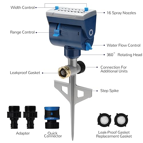 Airthereal Oscillating Sprinkler with Metal Step Spike and Quick Connect Adapter Set, Control Watering Range, Width, and Flow Rate, Covers up to 4,069 sq.ft., Blue