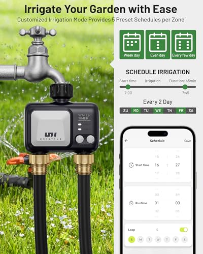 Unistyle WiFi Sprinkler Timer 2 Zone, Programmable Smart Water Timer 2 Outlet, WiFi Irrigation Controller with Rain Delay/Auto Mode/Manual, Outdoor Hose Timer for Lawns, Yards and Garden