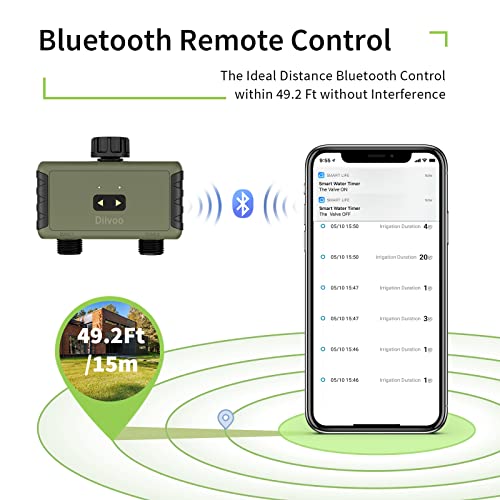 Bluetooth Sprinkler Timer 2 Zone, Diivoo Smart Water Timer for Garden Hose Up to 40 Separate Programmable Schedules, Rain Delay, Manual Watering, Working Range is 49.2ft, for Yard Lawn, Pool Filling