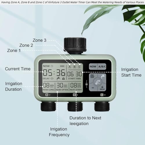 3 Outlet Sprinkler Timer Brass, XinFuture Water Timer, Programmable Garden Hose Timer with Rain Delay, Manual& Automatic Watering System, Waterproof Digital Irrigation Timer for 3 Separate Water Zones